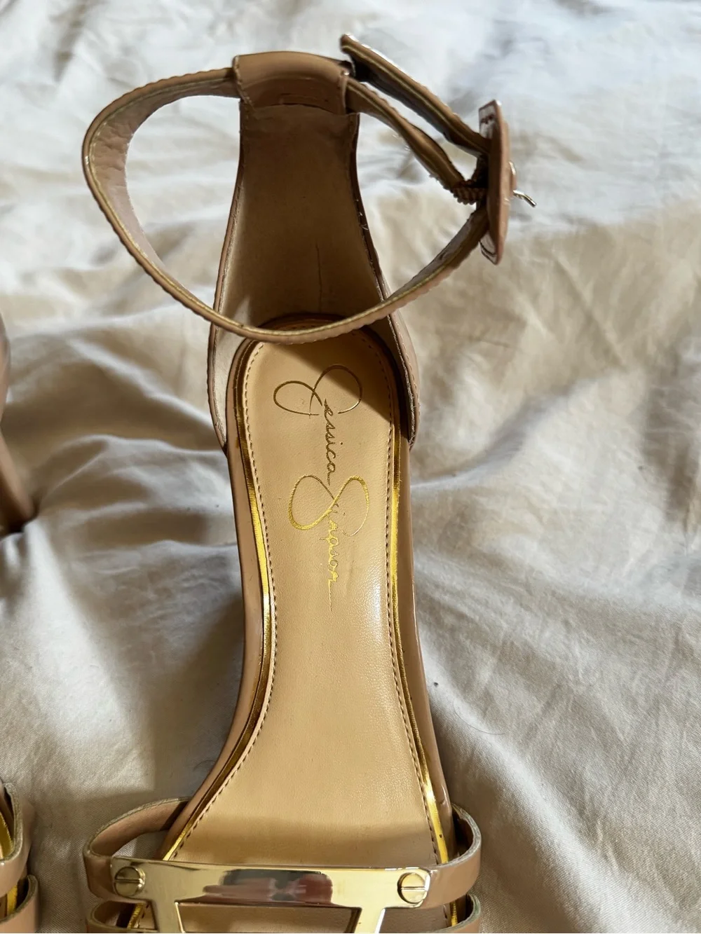 Jessica Simpson Nude/Tan Strappy Ankle-Heel Sandals with Gold Plate